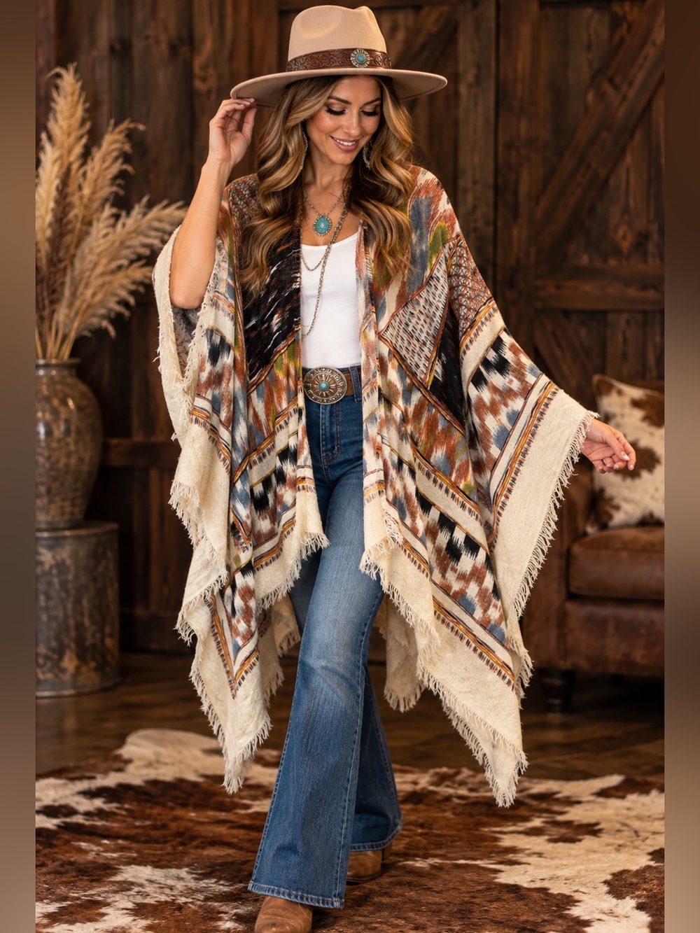 Sole Society One Size Southwestern Ikat Fringe Ruana Poncho Wrap Boho Western